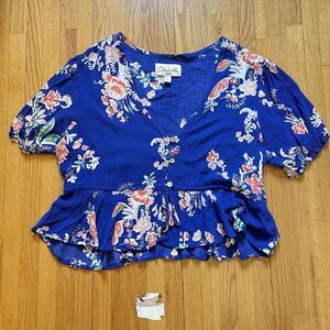 Cleobella Boho Top Womens Large Blue Floral Cropped Beachy Puff Sleeves Flowy